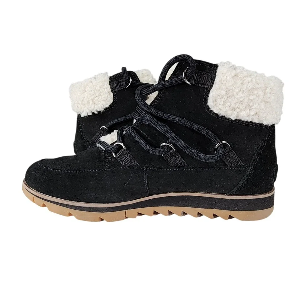 Sorel Snow Boot sz 7 Women Harlow Lace Cozy Brown Leather Sherpa Gorpcore Hiking